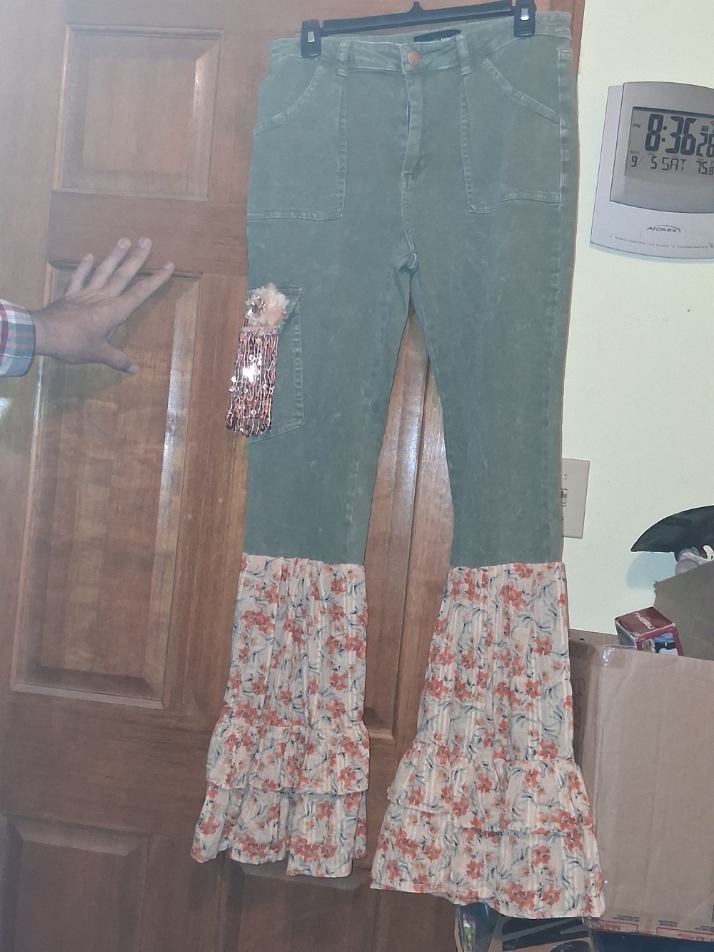 Fashion Nova Olive Green Jeans with Floral Ruffle Flared Hems